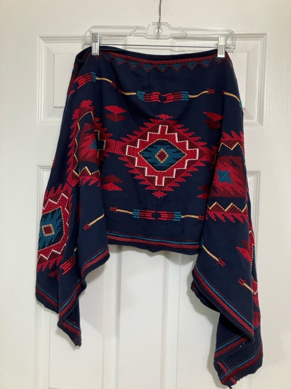Johnny Was navy blue embroidered cotton pullover poncho sweater